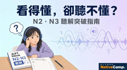 一位台灣女學生戴著耳機坐在書桌前，看著JLPT N2・N3聽解模擬試題，表情困惑，象徵看得懂卻聽不懂的學習瓶頸