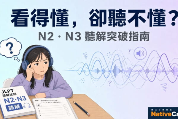 一位台灣女學生戴著耳機坐在書桌前，看著JLPT N2・N3聽解模擬試題，表情困惑，象徵看得懂卻聽不懂的學習瓶頸