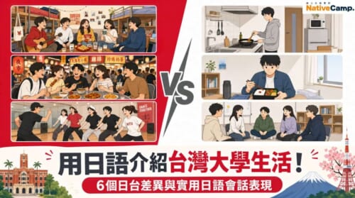 用日語介紹台灣大學生活的插圖，左側為台灣宿舍、夜市、社團活動場景，右側為日本大學生活場景，標題為「用日語介紹台灣大學生活！6個日台差異與實用日語會話表現」