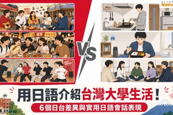 用日語介紹台灣大學生活的插圖，左側為台灣宿舍、夜市、社團活動場景，右側為日本大學生活場景，標題為「用日語介紹台灣大學生活！6個日台差異與實用日語會話表現」