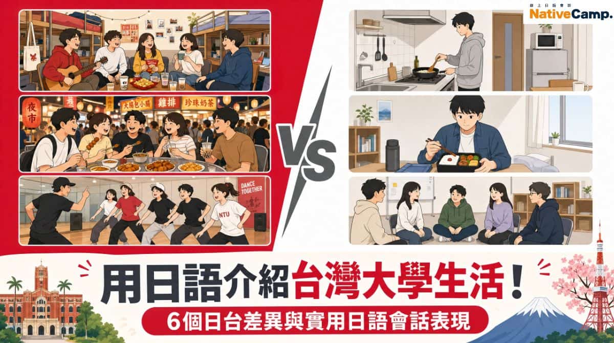 用日語介紹台灣大學生活的插圖，左側為台灣宿舍、夜市、社團活動場景，右側為日本大學生活場景，標題為「用日語介紹台灣大學生活！6個日台差異與實用日語會話表現」