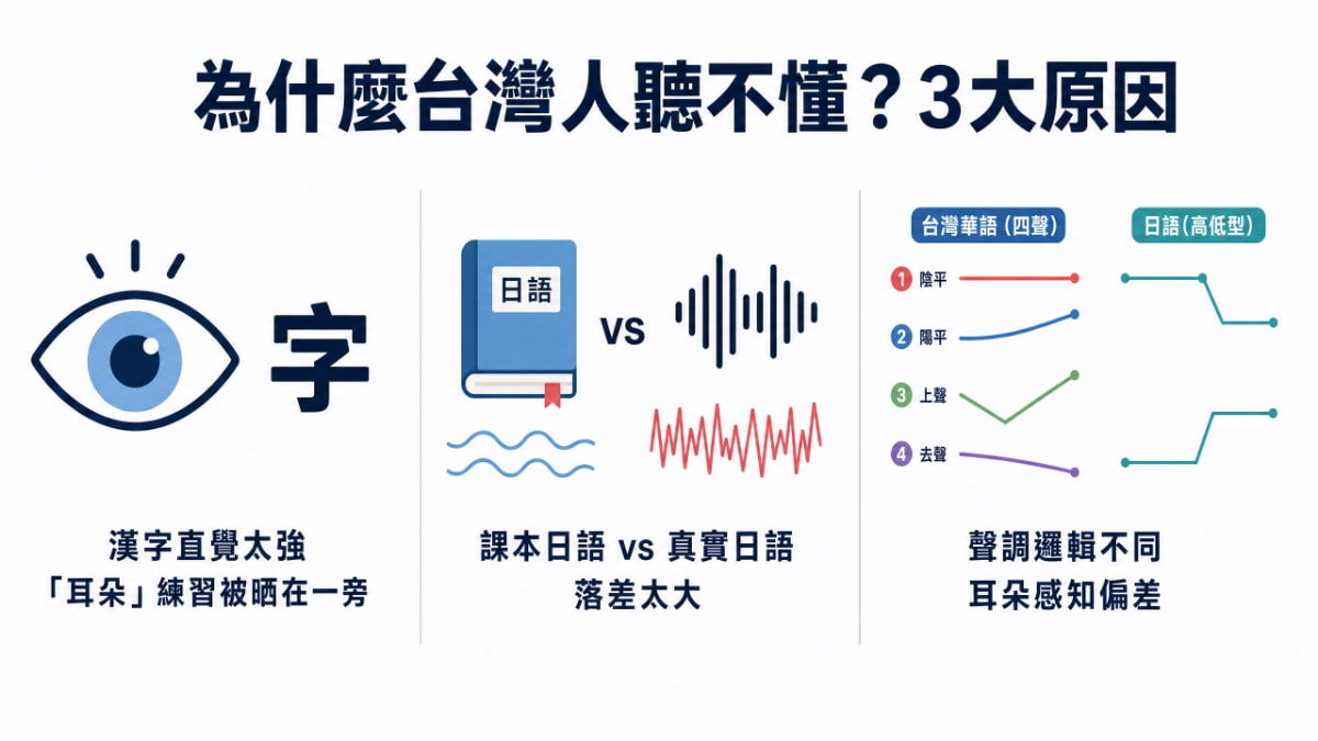 說明台灣人日語聽力卡關的三大原因：漢字直覺太強導致耳朵練習不足、課本日語與真實日語落差太大、聲調邏輯與日語高低重音系統不同