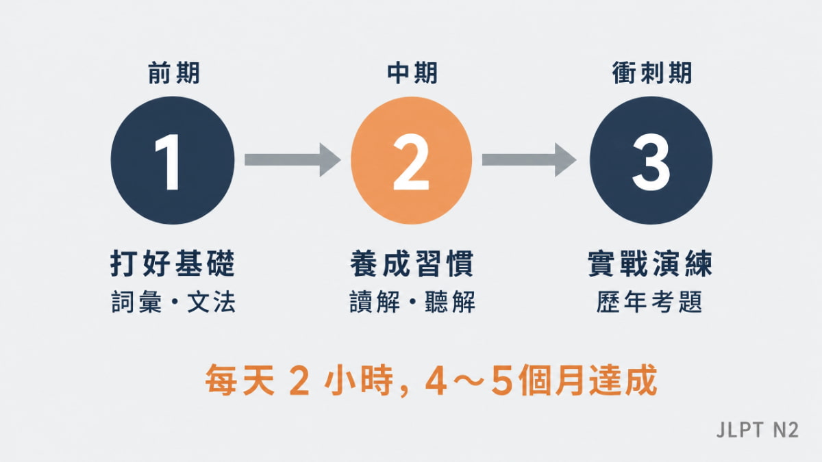 日檢N2三階段學習計畫,前期打好詞彙文法基礎,中期養成讀解聽解習慣,衝刺期實戰演練歷年考題,每天2小時4到5個月達成