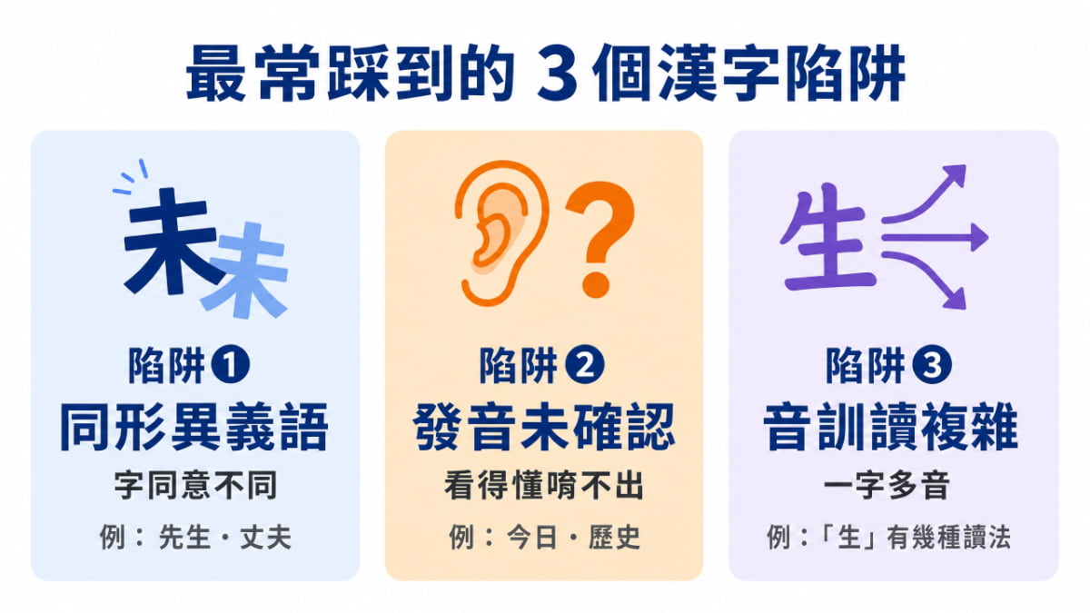 N4N3台灣人日語學習者最常踩的3個漢字陷阱：同形異義語、發音未確認、音訓讀複雜