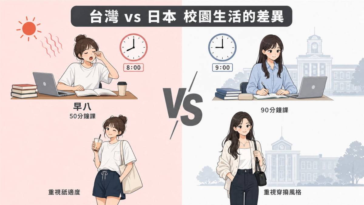 台灣與日本校園生活差異對比插圖：左側台灣為早八50分鐘課與重視舒適度的穿著風格，右側日本為90分鐘課與重視穿搭風格，兩側以VS符號對比呈現