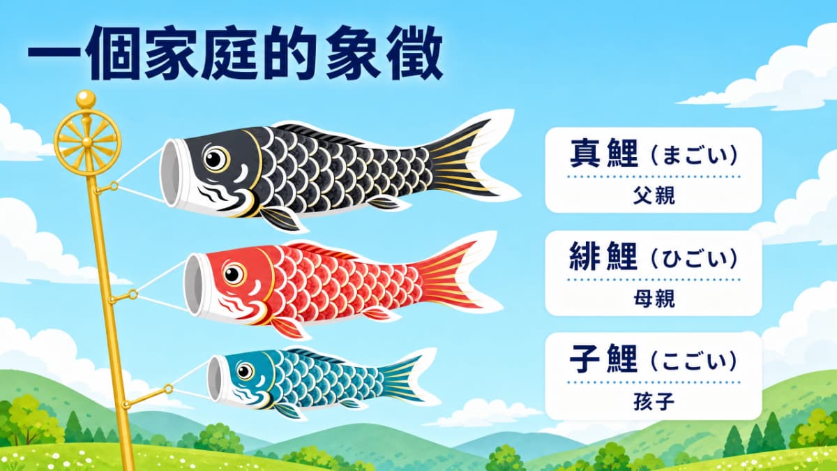 鯉魚旗的顏色象徵：黑色真鯉代表父親、緋色緋鯉代表母親、藍色子鯉代表孩子