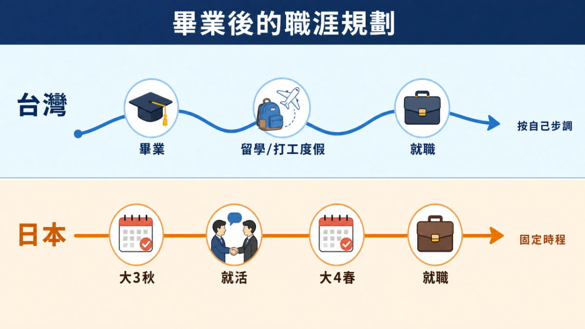 台灣與日本畢業後職涯規劃對比圖：上方台灣為畢業後可彈性選擇留學或打工度假再就職的曲線時間軸，下方日本為大三秋天開始就活、大四春天就職的固定直線時間軸