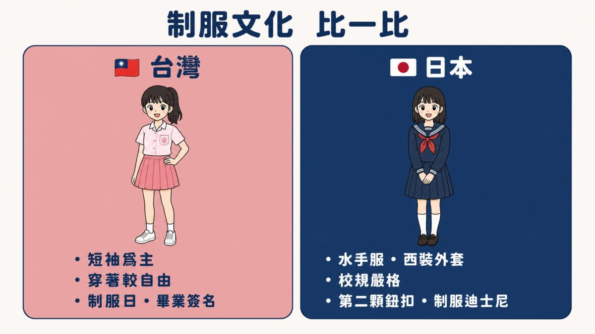 台灣與日本制服文化比較卡片——台灣制服特色為短袖、穿著自由、制服日與畢業簽名;日本制服特色為水手服與西裝外套、校規嚴格、第二顆鈕扣