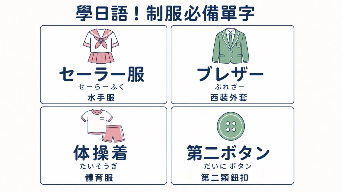 學日語制服必備單字圖卡——セーラー服(水手服)、ブレザー(西裝外套)、体操着(體育服)、第二ボタン(第二顆鈕扣)