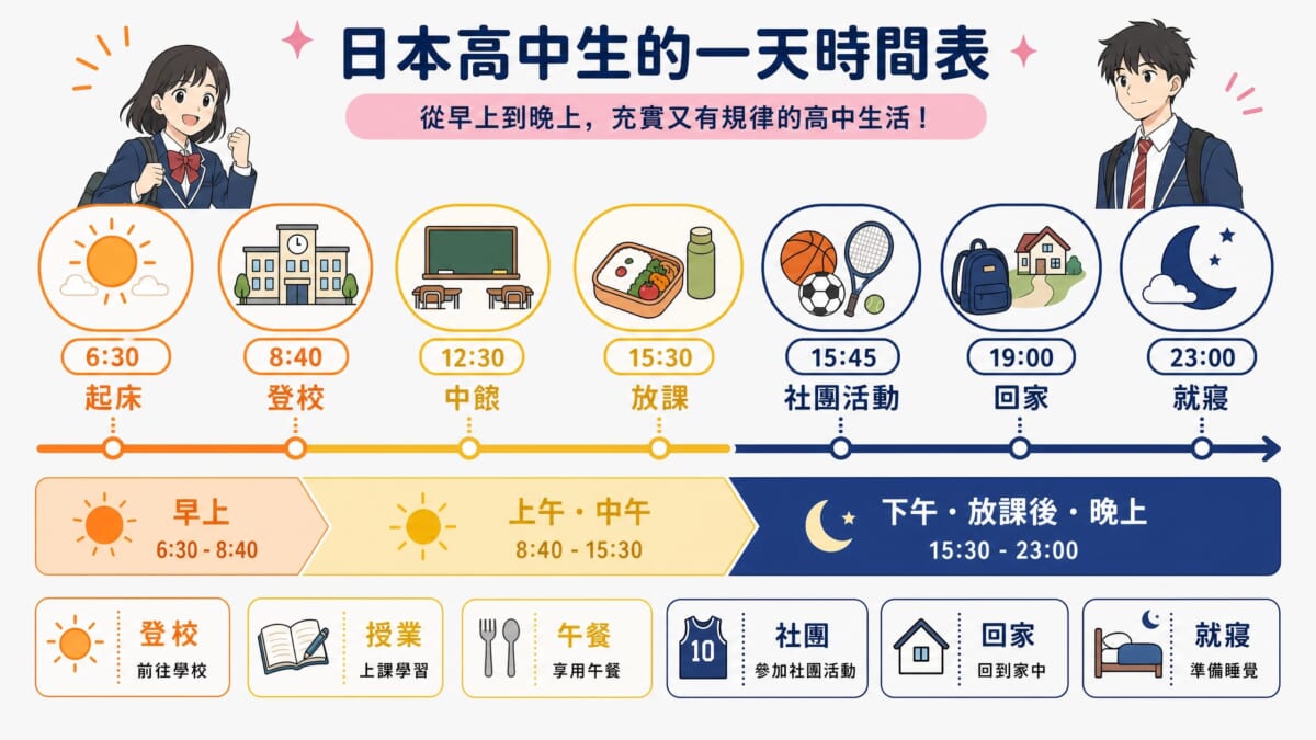 日本高中生每日時間表圖表，從上午6點半起床到晚上11點就寢的完整日程，包括8點40分開始上課、中午12點半午餐、下午3點半授業終了、下午3點45分開始部活、晚上7點回家等重要時間點