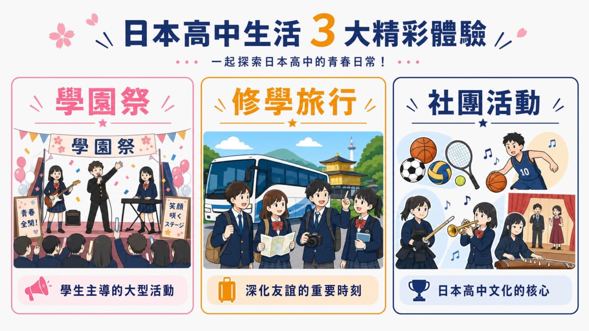 日本高中三項獨特學校活動的視覺化展示：學園祭（左）是由學生主導的大型校園文化活動、修學旅行（中央）是深化同學友誼的重要校外教學時刻、部活動（右）是日本高中文化的核心，包含運動社團和文化社團