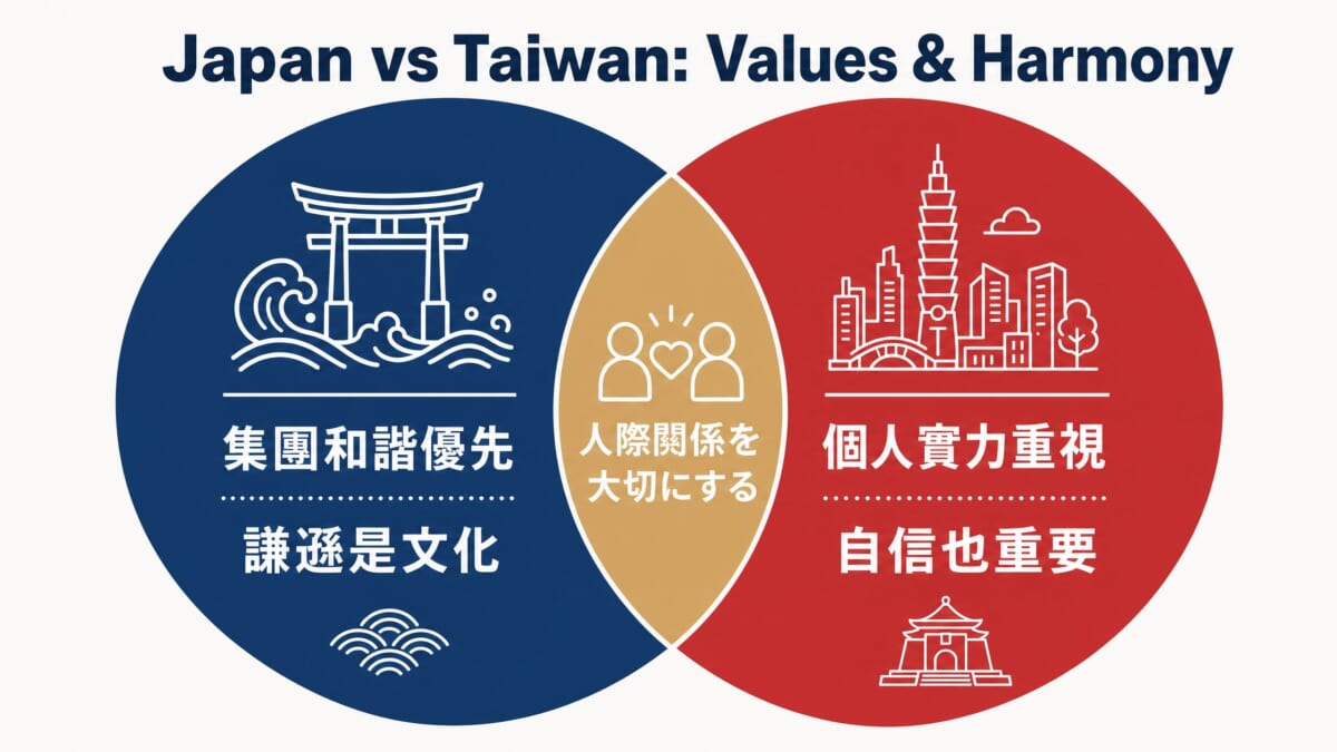 日本和台湾的文化価値観比較:日本重視集團和諧和謙遜文化,台湾強調個人實力,但都重視人際關係的建立
