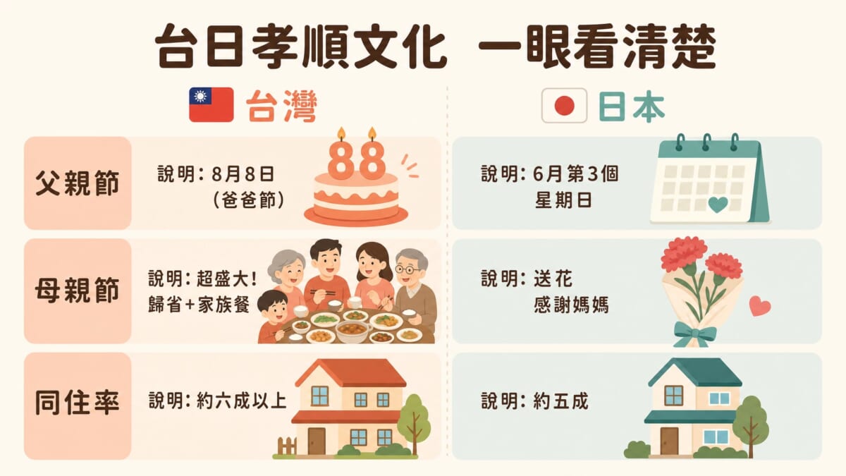 台日孝順文化比較表——父親節日期、母親節規模、與父母同住比例的台灣日本差異