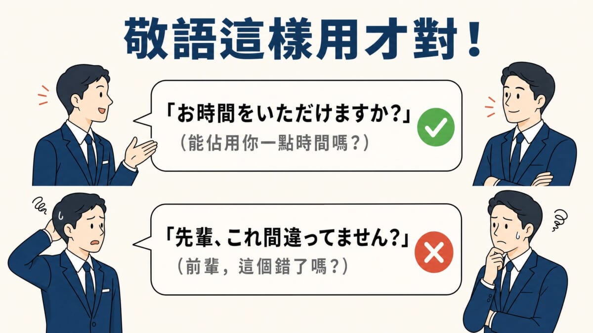 日本職場敬語正確用法對比,「お時間をいただけますか」等實用日語會話例句