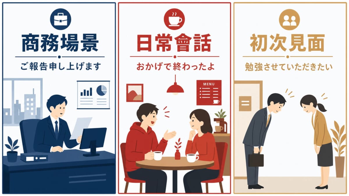 日本敬語在3個實用場景的應用:商務郵件和報告用「ご報告申し上げます」、日常會話用「おかげで終わったよ」、初次見面用「勉強させていただきたい」。根據情境選擇適當的日文表達方式