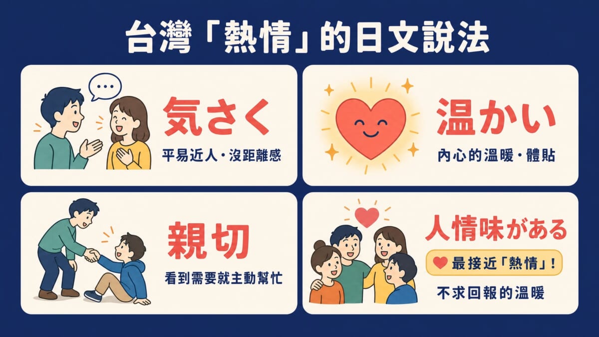 台灣「熱情」的日文說法整理：気さく、温かい、親切、人情味がある