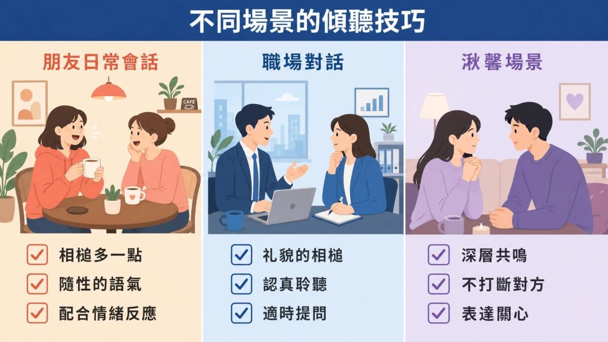 日文對話練習在三種場景中的應用對比:友人日常會話、職場商務對話、浪漫場景。三個並列面板分別展示不同情境下的聆聽技巧重點,包括相槌使用頻率、語氣調整、禮貌度、同理心深度等實踐建議,協助學習者依據場景靈活運用日語會話技能。