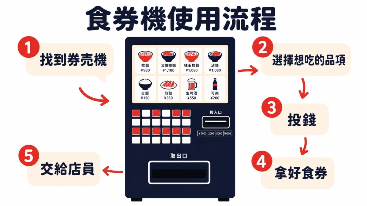 日本拉麵店食券機使用流程圖解，5個步驟輕鬆完成點餐