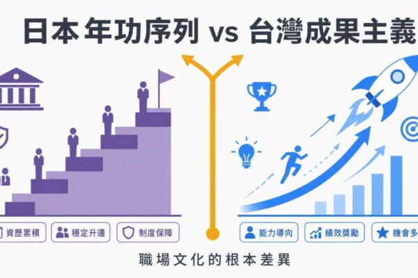 日本年功序列制度和台灣成果主義的文化對比，展示日本職場階級化和台灣職場流動性的根本差異