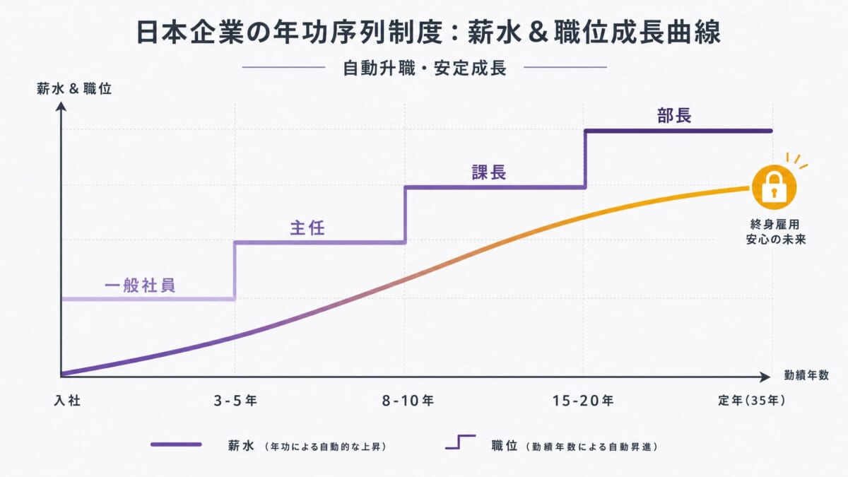 日本年功序列制度的運作流程圖:從入社到定年,展示自動升職、勤續津貼、職位升遷、終身雇用的完整時間軸。理解日本企業薪水和職位如何根據年資自動增長