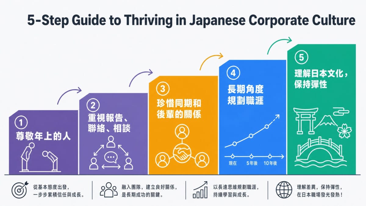 在日本企業成功的5個實踐祕訣:尊敬年上的人、重視報告聯絡相談、珍惜人際關係、長期規劃職涯、理解日本文化。掌握這5個步驟,輕鬆適應日本職場文化,成為受歡迎的員工
