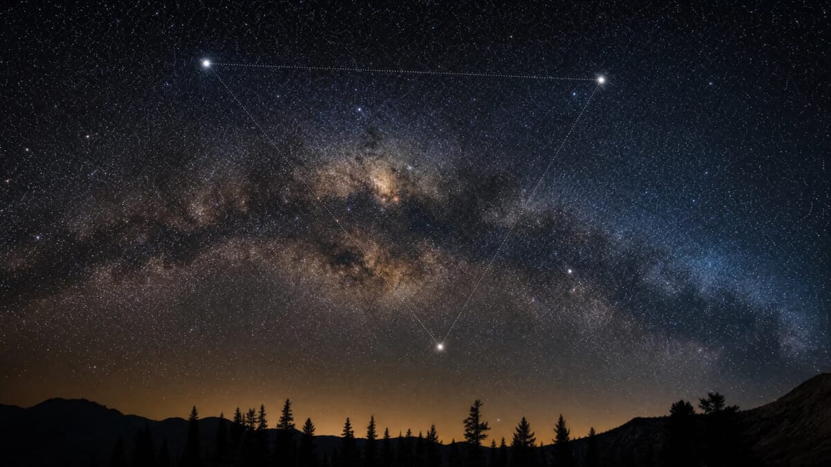 超寫實天文攝影風格的夏夜星空。銀河橫跨畫面,核心部分呈現琥珀色與藍色的星雲氣體,密布無數繁星。夏季大三角清晰可辨:左上方的織女星(最亮,藍白色)、右上方的天津四(白色)、下方中央的牛郎星(黃白色),三星之間以白色點線連結成三角形。畫面下方為山脊與松樹的黑色剪影,地平線透出橙色餘暉,營造出長時間曝光的壯闊夜景。