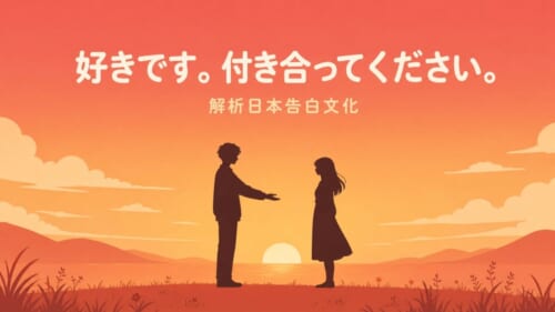 日本告白文化解析－男女在夕陽下面對面，男生伸出手說出「好きです。付き合ってください。」的告白場景插圖