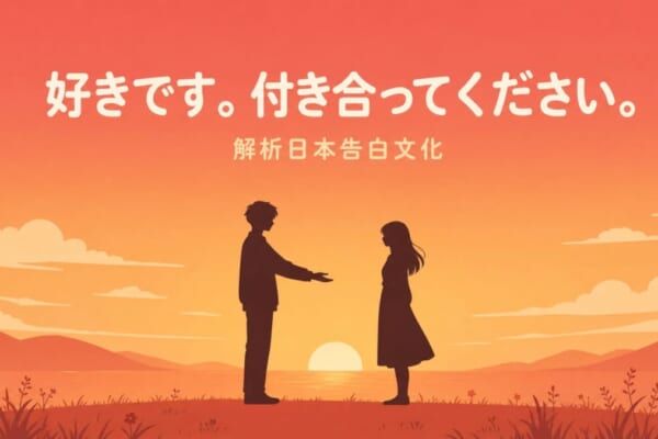 日本告白文化解析－男女在夕陽下面對面，男生伸出手說出「好きです。付き合ってください。」的告白場景插圖