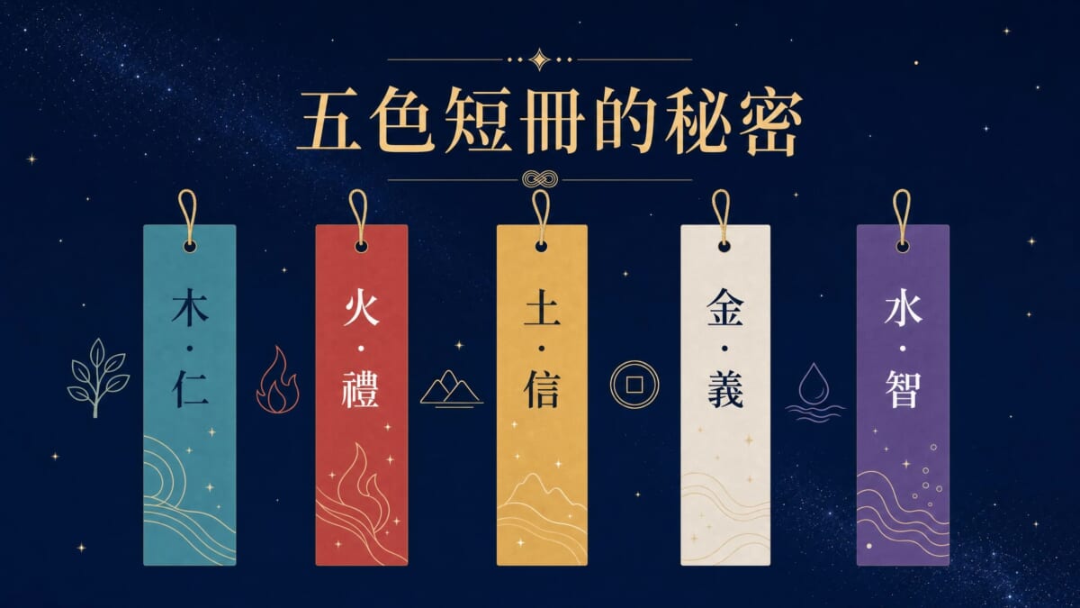 七夕五色短冊對應陰陽五行與五德的圖解:青木仁紅火禮黃土信白金義紫水智