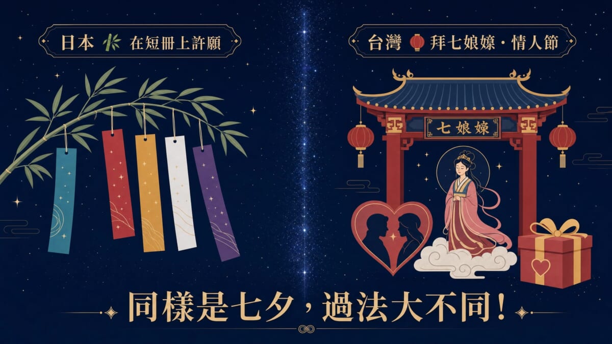 日本與台灣七夕過節方式比較插畫:日本掛短冊許願、台灣拜七娘媽與情人節