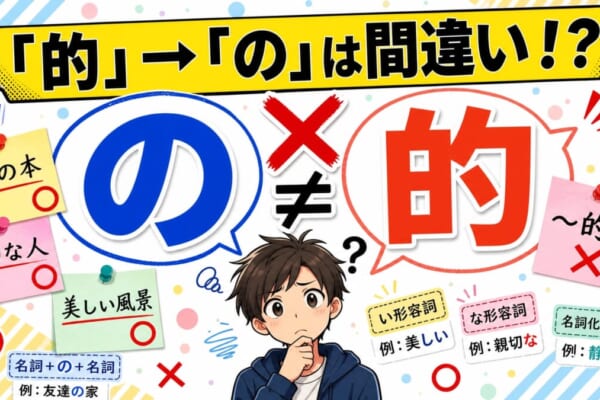 圖片上方有一條黃色橫幅，寫著「「的」→「の」是錯的！？」。左側藍色對話框中有大大的「の」，右側紅色對話框中有大大的「的」，中間以「×」和「≠」符號強調兩者並不相同。四周以便利貼風格散落著「私の本」「親切な人」「美しい風景」等例句，並附有「い形容詞」「な形容詞」「名詞化の表現」等標籤。整體為色彩鮮豔的拼貼風格，是一張日語學習部落格的首圖。