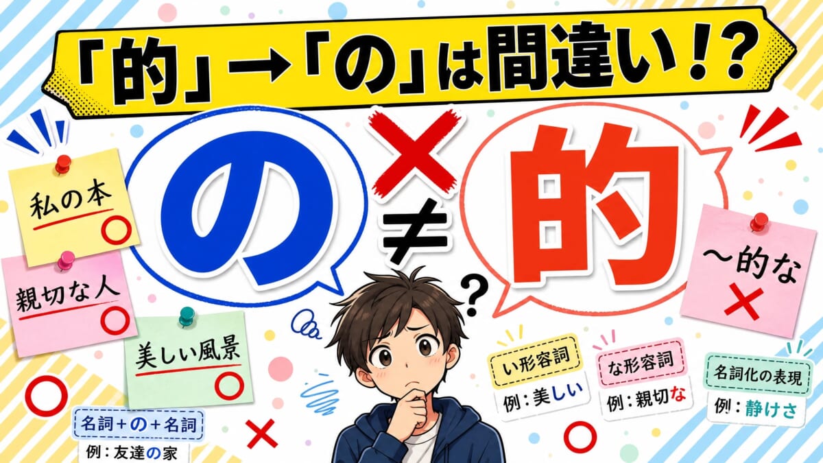 圖片上方有一條黃色橫幅，寫著「「的」→「の」是錯的！？」。左側藍色對話框中有大大的「の」，右側紅色對話框中有大大的「的」，中間以「×」和「≠」符號強調兩者並不相同。四周以便利貼風格散落著「私の本」「親切な人」「美しい風景」等例句，並附有「い形容詞」「な形容詞」「名詞化の表現」等標籤。整體為色彩鮮豔的拼貼風格，是一張日語學習部落格的首圖。