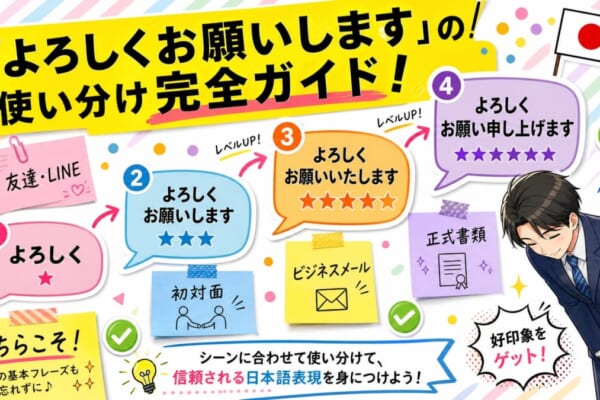 圖片上方有黃色橫幅，寫著「「よろしくお願いします」的使用方式完全指南！」。畫面中央以四個對話框由左至右依序排列，分別標示禮貌程度由低到高的說法：①よろしく（★）②よろしくお願いします（★★★）③よろしくお願いいたします（★★★★）④よろしくお願い申し上げます（★★★★★），並以「レベルUP！」箭頭連接。四周附有「友達・LINE」「初対面」「ビジネスメール」「正式書類」等便利貼，右側有一位鞠躬的西裝男性插圖，左下角有「こちらこそ！」的回覆提示。整體為繽紛拼貼風格的日語學習部落格首圖。