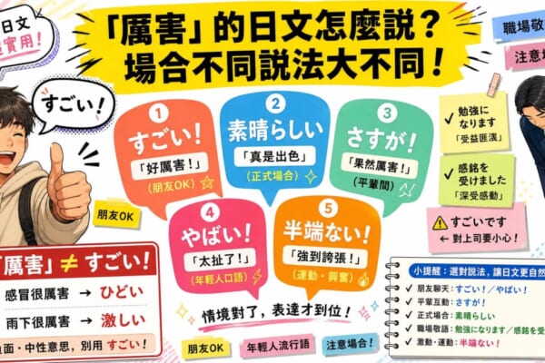 圖片上方黃色橫幅寫著「『厲害』的日文怎麼說？場合不同說法大不同！」。中央以扇形排列五個彩色對話框，分別標示：①すごい「好厲害！」（朋友OK）②素晴らしい「真是出色」（正式場合）③さすが「果然厲害！」（平輩間）④やばい「太扯了！」（年輕人口語）⑤半端ない「強到誇張！」（運動・興奮）。左側有拿著珍奶比讚的台灣年輕人插圖，右側有鞠躬的西裝男性搭配「勉強になります／受益匪淺」「感銘を受けました／深受感動」便利貼，並標注「すごいです←對上司要小心！」。左下紅框警告「厲害≠すごい」，列出「感冒很厲害→ひどい」「雨下很厲害→激しい」的正確用法。整體為繽紛拼貼風格的台灣人日語學習部落格首圖。