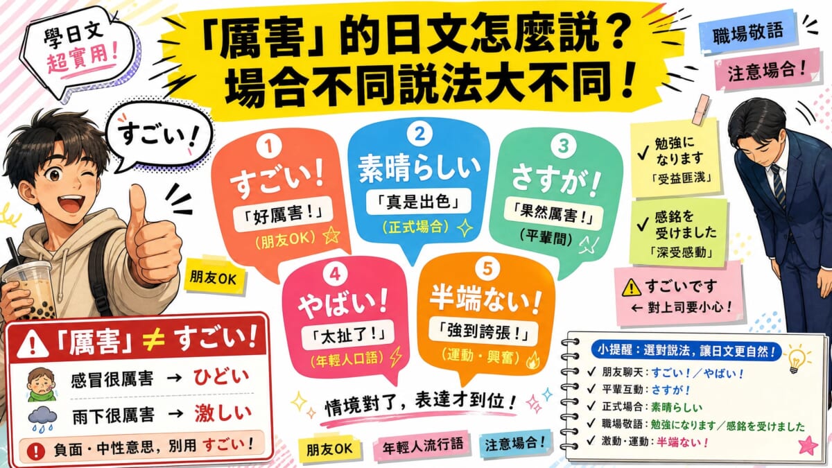 圖片上方黃色橫幅寫著「『厲害』的日文怎麼說？場合不同說法大不同！」。中央以扇形排列五個彩色對話框，分別標示：①すごい「好厲害！」（朋友OK）②素晴らしい「真是出色」（正式場合）③さすが「果然厲害！」（平輩間）④やばい「太扯了！」（年輕人口語）⑤半端ない「強到誇張！」（運動・興奮）。左側有拿著珍奶比讚的台灣年輕人插圖，右側有鞠躬的西裝男性搭配「勉強になります／受益匪淺」「感銘を受けました／深受感動」便利貼，並標注「すごいです←對上司要小心！」。左下紅框警告「厲害≠すごい」，列出「感冒很厲害→ひどい」「雨下很厲害→激しい」的正確用法。整體為繽紛拼貼風格的台灣人日語學習部落格首圖。