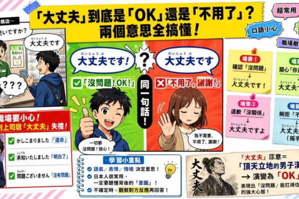 圖片上方黃色橫幅寫著「『大丈夫』到底是『OK』還是『不用了』？兩個意思全搞懂！」。中央左右分割：左側綠色背景顯示「大丈夫です！→沒問題！OK！」搭配比讚男生插圖；右側橘紅色背景顯示「大丈夫です→不用了，謝謝！」搭配揮手婉拒女生插圖，中間標示「同一句話！」。左上角漫畫格呈現便利商店場景：店員問「袋、お使いですか？」，台灣人回答「大丈夫です」，店員出現「？？？」困惑表情。右側四張便利貼列出四種使用場景。左下紅框警告「職場要小心！對上司說『大丈夫』失禮！」並列出「かしこまりました」「承知いたしました」「問題ございません」替代說法。右下附語源說明「大丈夫原意＝頂天立地的男子漢→演變為OK」。整體為繽紛拼貼風格台灣人日語學習部落格首圖。
