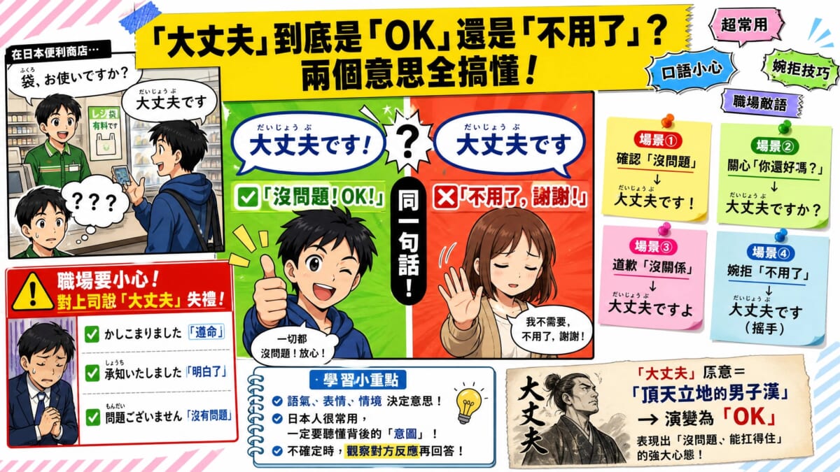 【日文「大丈夫」完整指南】是「沒關係」還是「拒絕」？用法、商務敬語替換與例句一次看懂！