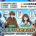 一張專為「2026夏季動畫學日語」部落格文章設計的彩色插圖首頁圖。畫面上方有「2026夏季日本動畫超好看！追番學日語的10個技巧」的標題文字。下方有四個風格獨特的動畫角色，分別代表科幻、異世界、校園日常與熱血動作，並配有「頼んだぞ！」（拜託你了！）和「まさか…」（不會吧…）等經典動畫日語台詞，整體氛圍充滿夏日的活力與動漫感。