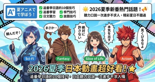 一張專為「2026夏季動畫學日語」部落格文章設計的彩色插圖首頁圖。畫面上方有「2026夏季日本動畫超好看！追番學日語的10個技巧」的標題文字。下方有四個風格獨特的動畫角色，分別代表科幻、異世界、校園日常與熱血動作，並配有「頼んだぞ！」（拜託你了！）和「まさか…」（不會吧…）等經典動畫日語台詞，整體氛圍充滿夏日的活力與動漫感。