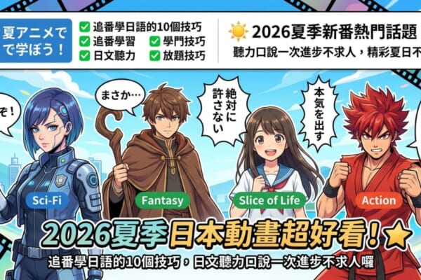 一張專為「2026夏季動畫學日語」部落格文章設計的彩色插圖首頁圖。畫面上方有「2026夏季日本動畫超好看！追番學日語的10個技巧」的標題文字。下方有四個風格獨特的動畫角色，分別代表科幻、異世界、校園日常與熱血動作，並配有「頼んだぞ！」（拜託你了！）和「まさか…」（不會吧…）等經典動畫日語台詞，整體氛圍充滿夏日的活力與動漫感。