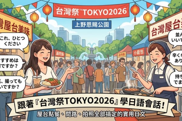 一張專為「台灣祭TOKYO2026」日語學習部落格文章設計的熱鬧插圖首頁圖。畫面上方印有「跟著台灣祭TOKYO2026學日語會話！」的標題。場景設在東京上野恩賜公園的噴水廣場，背景有著掛著「滷肉飯」與「小籠包」招牌的台式屋台（攤位）。畫面中央是一位親切的攤位老闆娘與一位點餐的女顧客在熱情互動，並以日語對話框呈現「これ、ひとつください」（請給我一份這個）和「おすすめは何ですか？」（有推薦的嗎？）等實用祭典點餐日文句型。