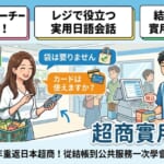 一張專為「日本超商實用日語」部落格文章設計的彩色插圖首圖。背景是明亮的日本便利商店內部，畫面上方有著「超商結帳不卡卡」的中日雙語標題。畫面中結合了對話氣泡與圖示，清楚標示出「温めてください」（請加熱）和「袋は要りません」（不需要袋子）等結帳時必備的日語實用會話，整體呈現出輕鬆學習實用日語的氛圍。