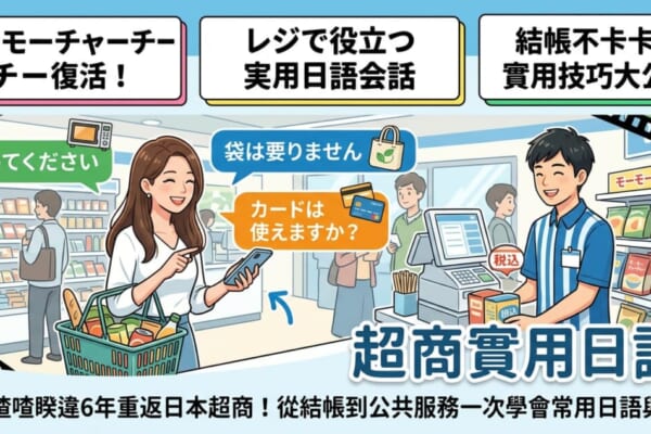 一張專為「日本超商實用日語」部落格文章設計的彩色插圖首圖。背景是明亮的日本便利商店內部，畫面上方有著「超商結帳不卡卡」的中日雙語標題。畫面中結合了對話氣泡與圖示，清楚標示出「温めてください」（請加熱）和「袋は要りません」（不需要袋子）等結帳時必備的日語實用會話，整體呈現出輕鬆學習實用日語的氛圍。