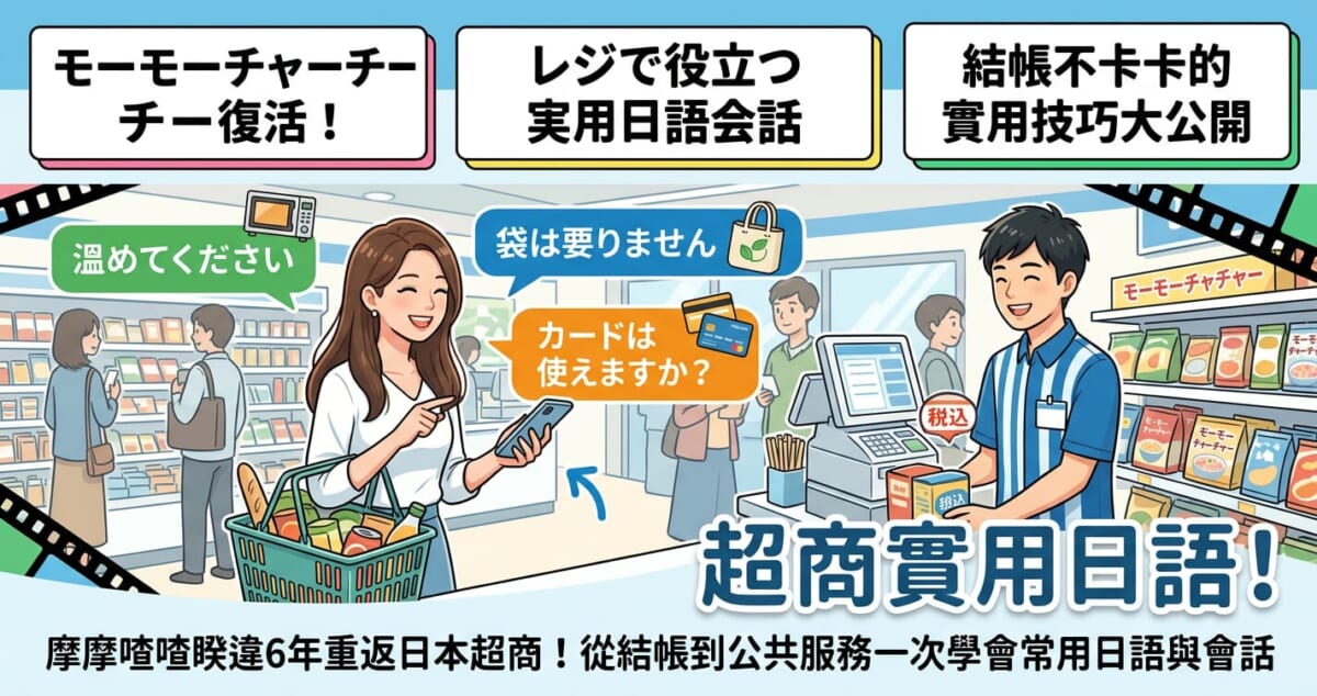 一張專為「日本超商實用日語」部落格文章設計的彩色插圖首圖。背景是明亮的日本便利商店內部，畫面上方有著「超商結帳不卡卡」的中日雙語標題。畫面中結合了對話氣泡與圖示，清楚標示出「温めてください」（請加熱）和「袋は要りません」（不需要袋子）等結帳時必備的日語實用會話，整體呈現出輕鬆學習實用日語的氛圍。