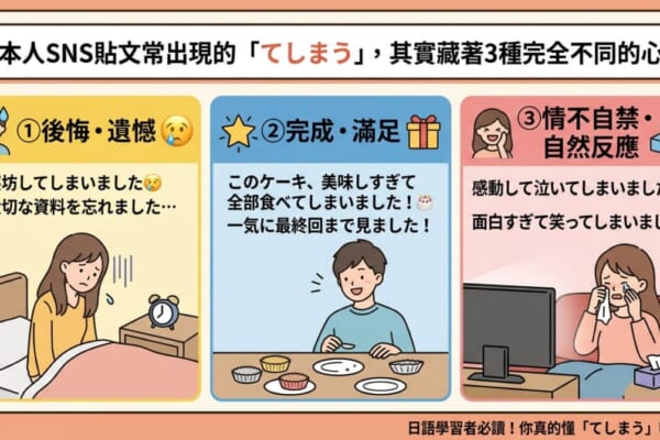 適合日語學習部落格的精選圖片：解析日文「てしまう」的三種語感（後悔、完成、情不自禁）與社群貼文應用。