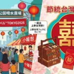 Chinese(Recommended) 呈現上野「台灣祭典TOKYO2026」熱鬧氛圍與台灣傳統婚禮「囍」文化的主題圖片，並帶有中日雙語字樣與Native Camp Japanese標誌。