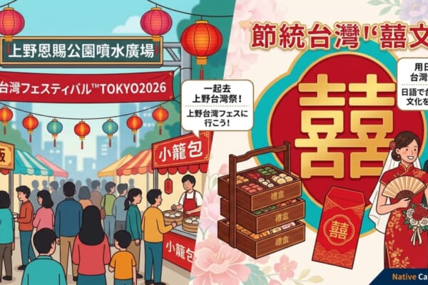 Chinese(Recommended) 呈現上野「台灣祭典TOKYO2026」熱鬧氛圍與台灣傳統婚禮「囍」文化的主題圖片，並帶有中日雙語字樣與Native Camp Japanese標誌。