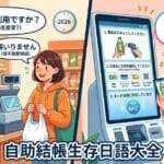日本超市超商自助結帳與無現金支付情境插圖，圖中標示「タッチで（感應付款）」、「袋いりません（不用袋子）」等必學實用生存日語，並帶有Native Camp Japanese標誌。