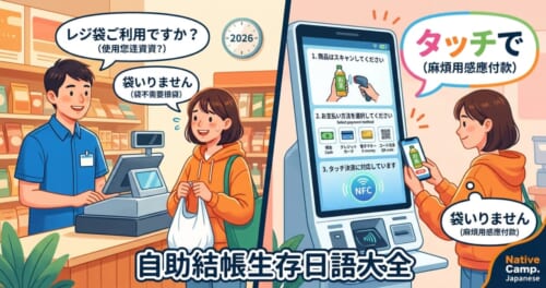 日本超市超商自助結帳與無現金支付情境插圖，圖中標示「タッチで（感應付款）」、「袋いりません（不用袋子）」等必學實用生存日語，並帶有Native Camp Japanese標誌。