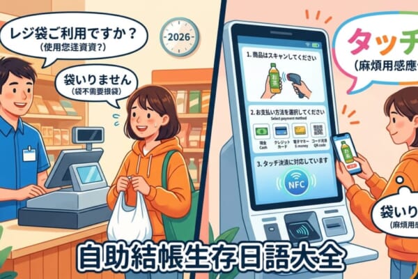日本超市超商自助結帳與無現金支付情境插圖，圖中標示「タッチで（感應付款）」、「袋いりません（不用袋子）」等必學實用生存日語，並帶有Native Camp Japanese標誌。